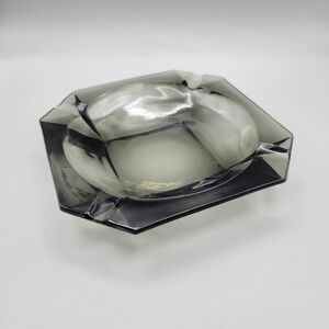 Vintage Smoked Glass Geometric Ashtray, Mid Century Modern Grey Faceted Glass